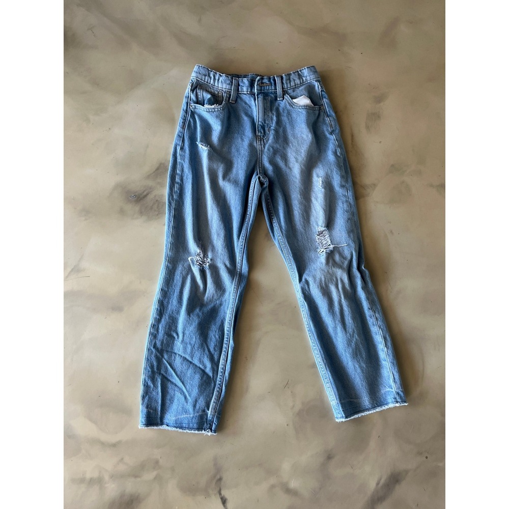 Old Navy High Rise Slouchy Straight Distressed Light Wash Jeans Size 12 Raw Hem